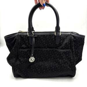 NEW 2015 DKNY Black Signature Monogram Canvas Faux Leather Tote Purse 17x11"